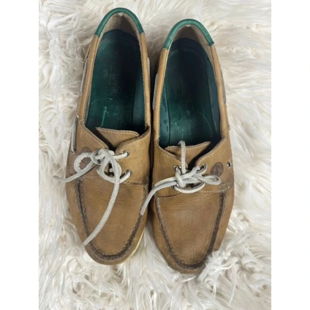 Landrover Boat Shoes Men 10 M Tan Leather All Terrain Green Accent Deck Loafers